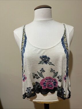 Ecote Ivory Tank Top with Blue & Pink Floral Print